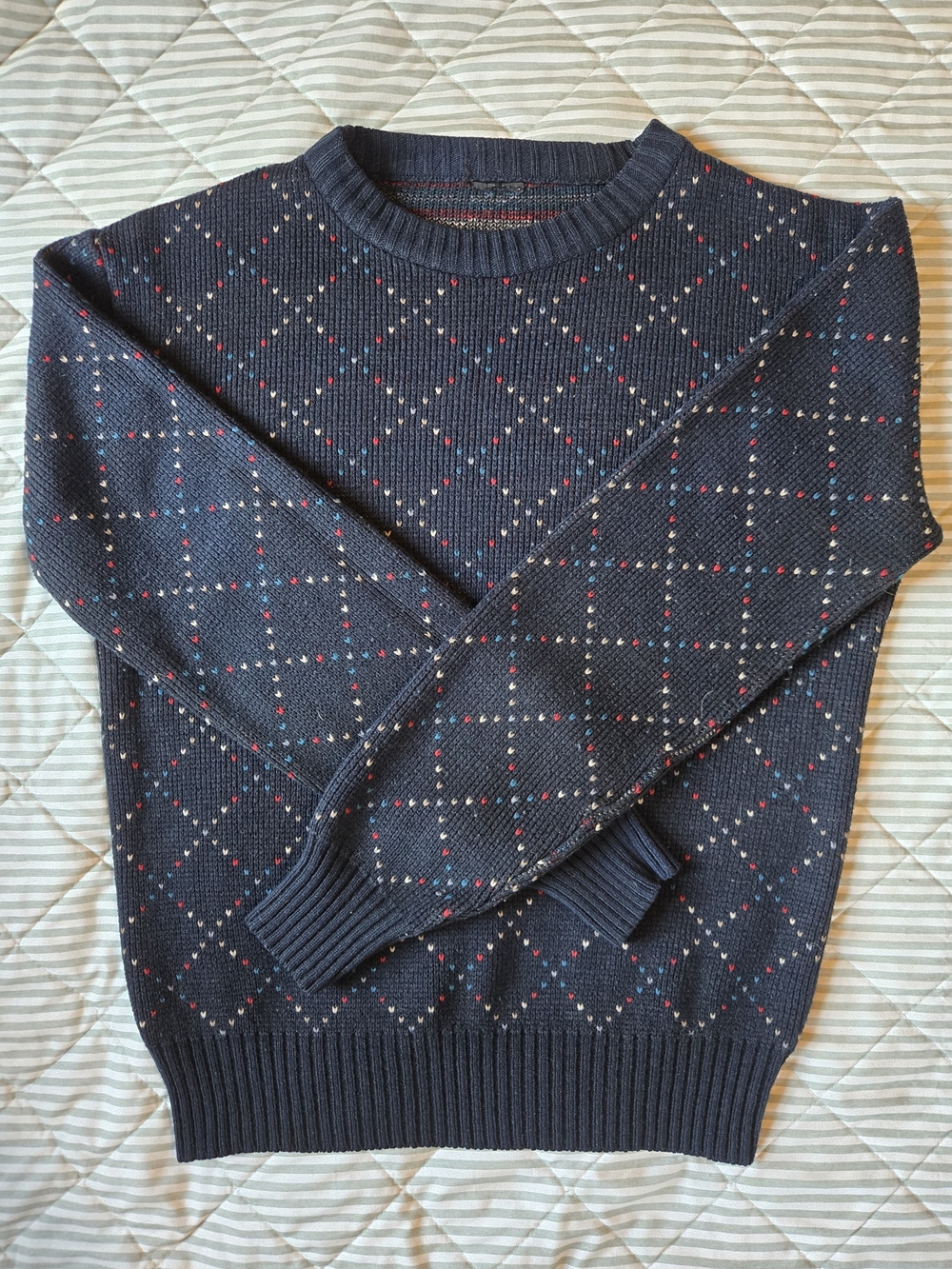 Men's Navy Crewneck Knit Sweater with Subtle Argyle Hearts